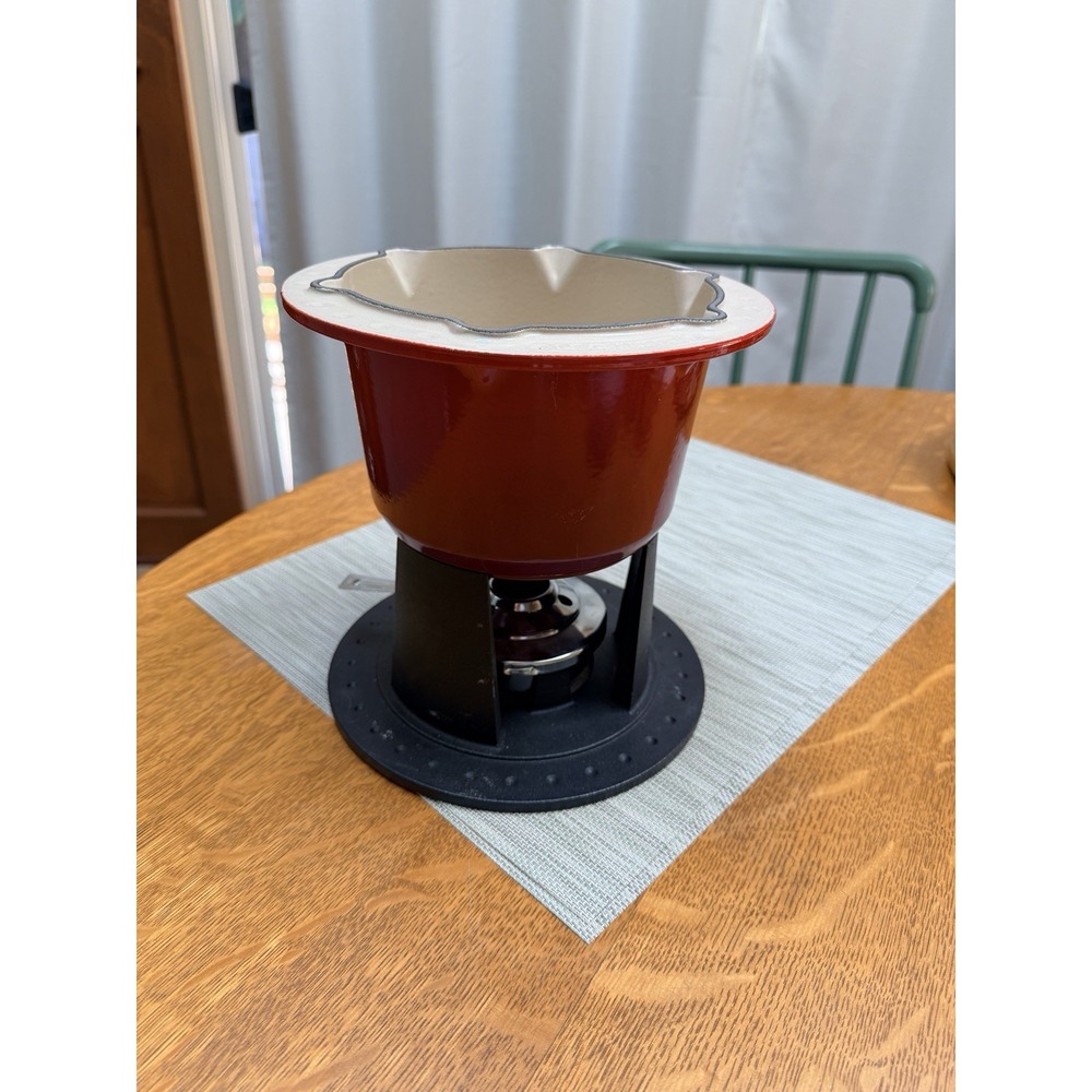 Le Creuset Cast Iron Enamel Heritage Fondue Pot W/ Stand & Heating Element MINT